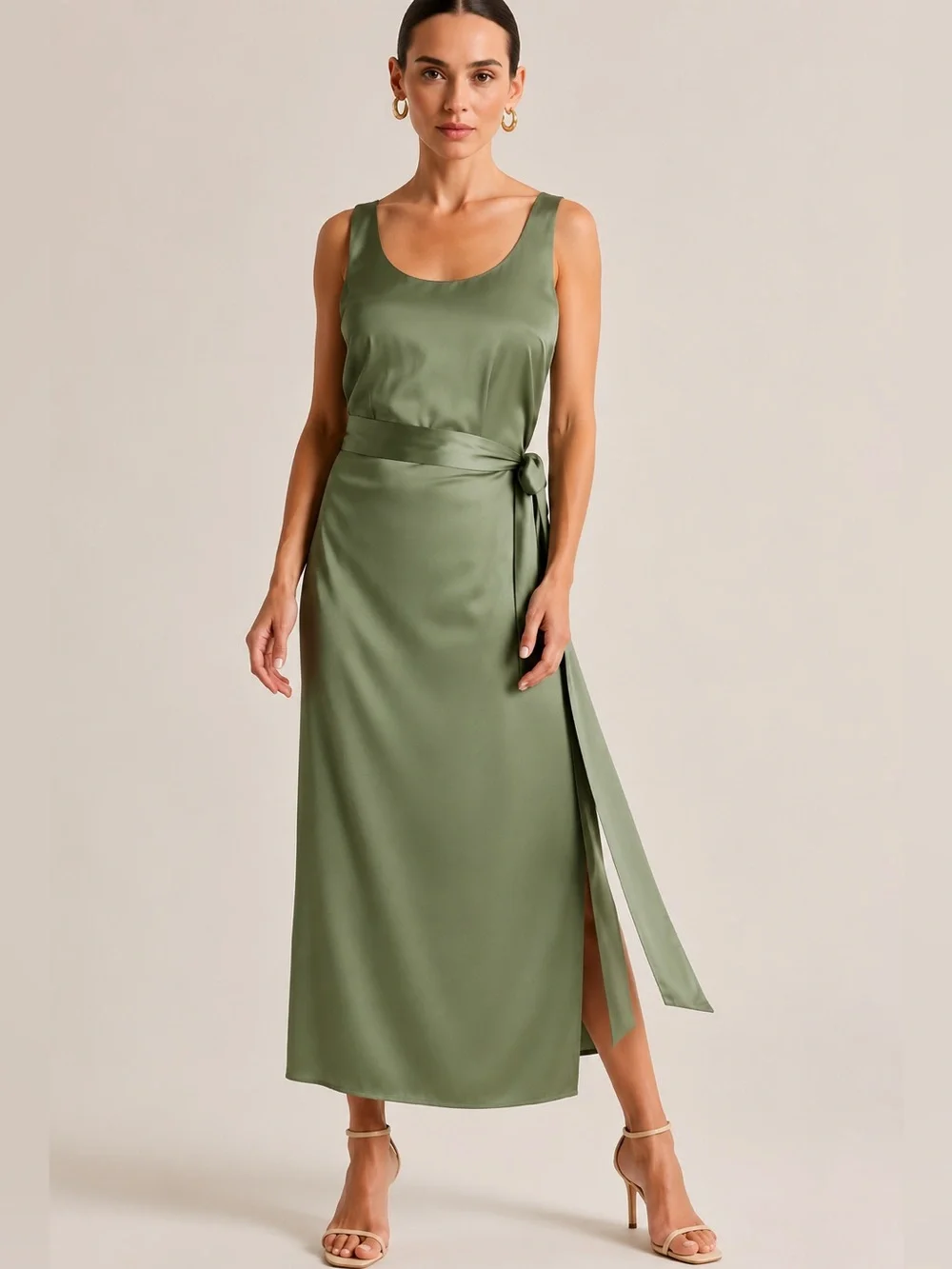 Abercrombie & Fitch Sage Green Satin Faux Wrap Slip Maxi Dress Belted SIZE LARGE